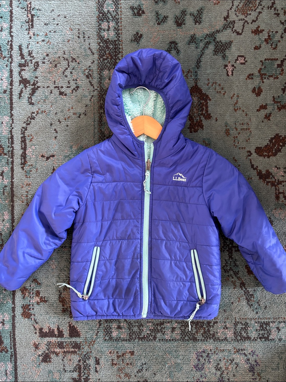 L.L. Bean Purple Hooded Puffer with Light Aqua Trim